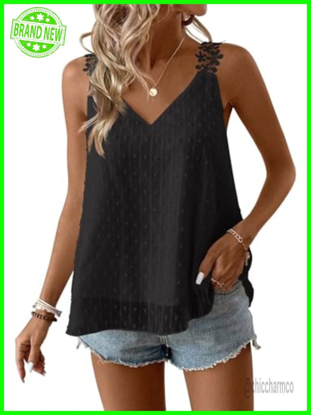 Swiss Dot Tank Top V-Neck Sleeveless Polyester Casual Top